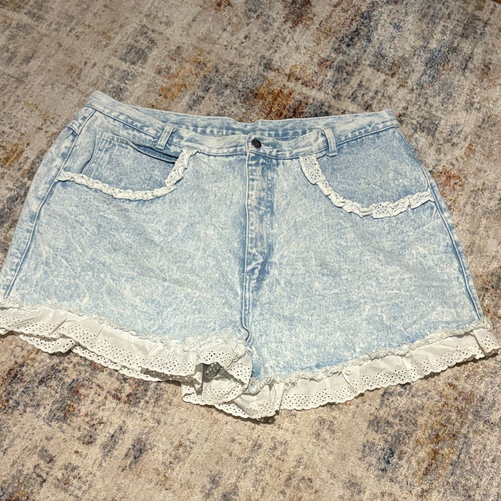 Light Blue Denim Lace Trim Plus Size Women Shorts